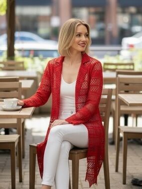 Twin-Set NWT Duster Red Crochet Sz 44 (US Med) Ret $300